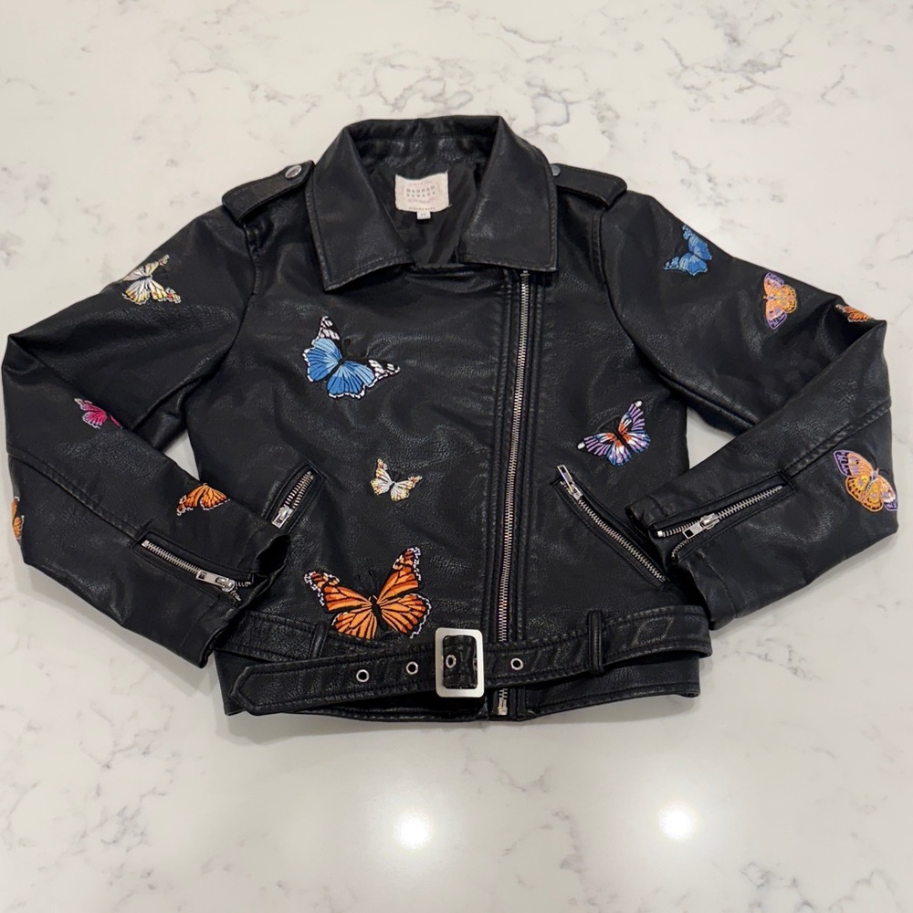 Hannah Banana by Sara Sara Black Faux Leather Jacket with Colorful Butterflies